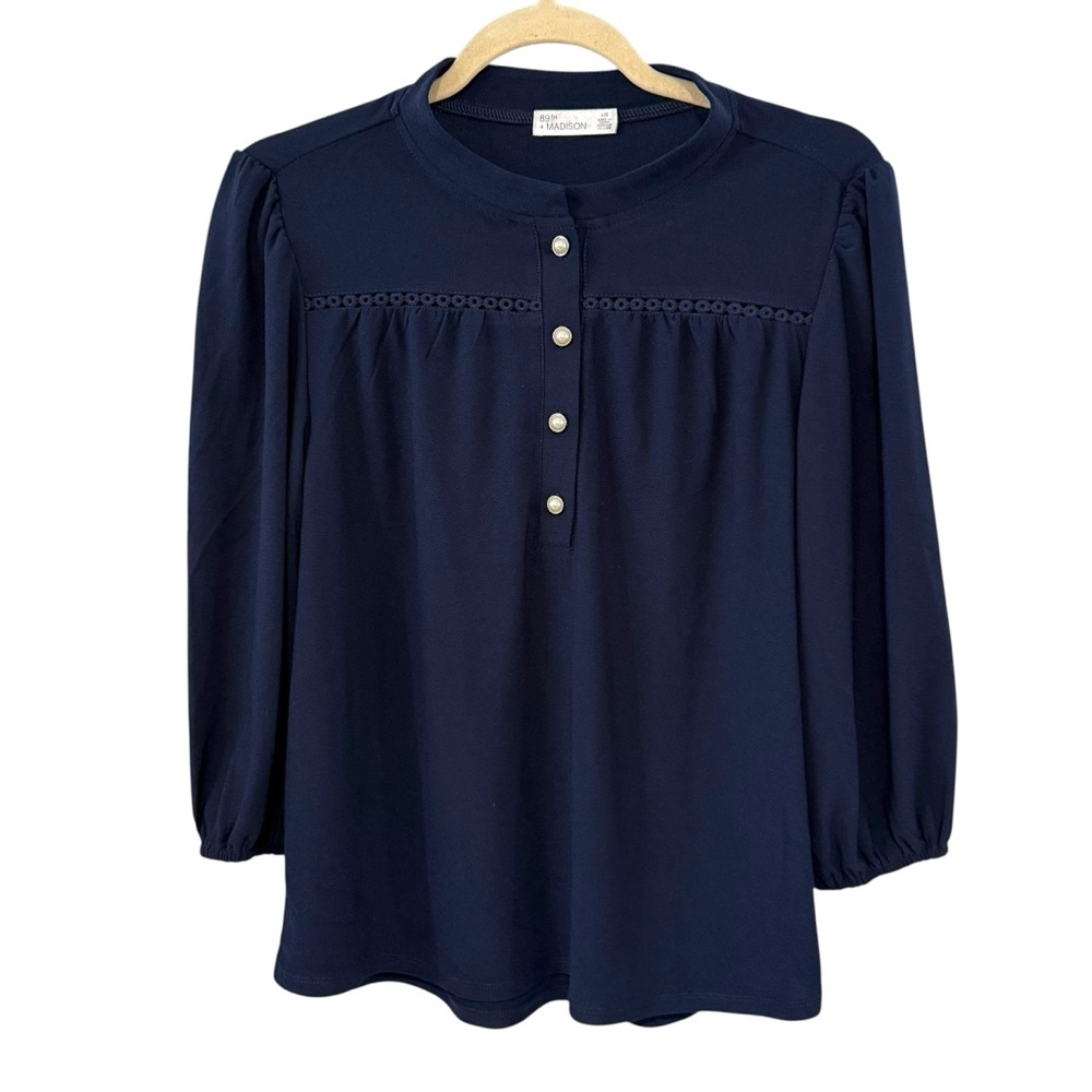 NWT 89th + Madison Large Navy Blue Balloon Sleeve Blouse Stretch Perl Button